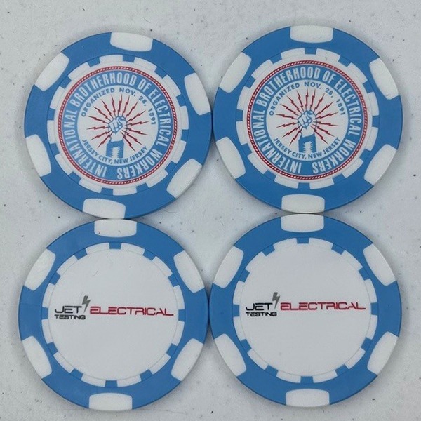 Blue and white personalized poker chips featuring custom event logos