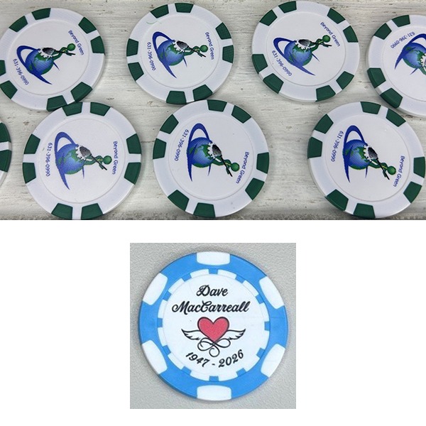 Custom poker chips featuring personalized logos and a commemorative design