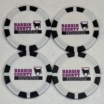 Black and white personalized poker chips featuring a custom county logo