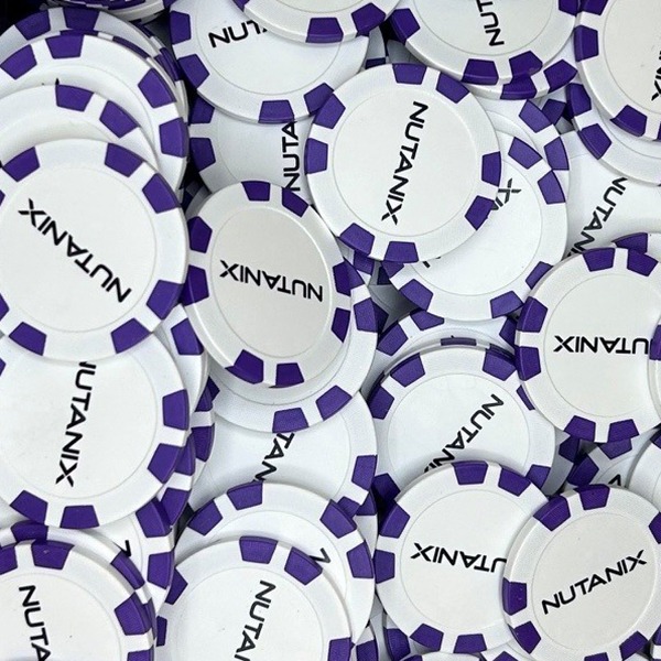 Purple and white custom poker chips printed with black logo lettering