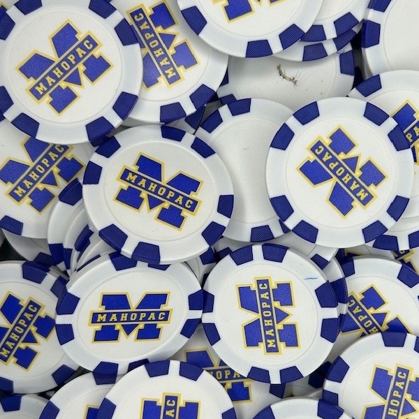 Blue and white custom poker chips printed with a personalized organization logo