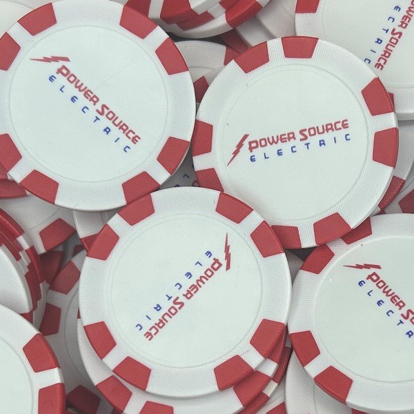 Red and white custom poker chips printed with company logo branding