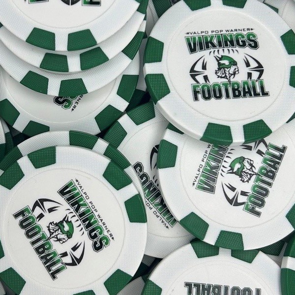 Green and white custom poker chips featuring a football-themed logo design
