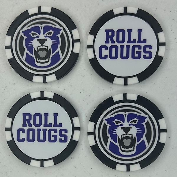 Black and white personalized poker chips with a cougar mascot and team slogan