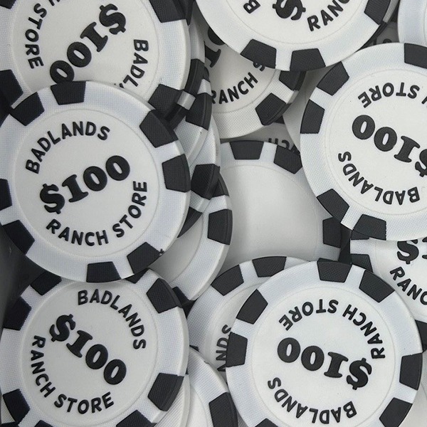 Black promotional poker chips printed with custom dollar values