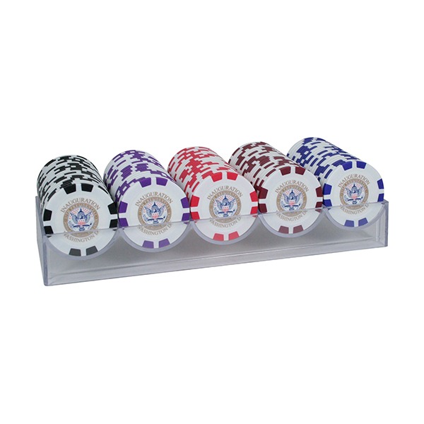 Promotional poker chips in assorted colors stacked in a clear case