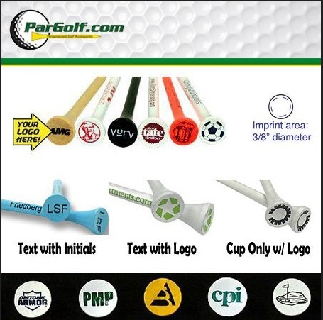 Logo golf tees featuring a variety of custom cup imprint styles