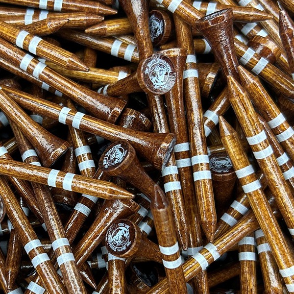 Wood grain logo golf tees with white stripes