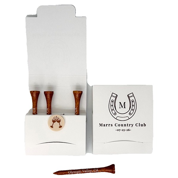 Custom matchbook tee pack with wood golf tees and a monogram