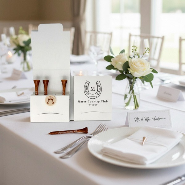 Wedding table setting with custom golf tee matchbook favors