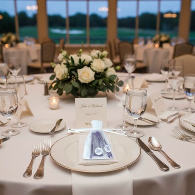 Personalized golf tees in an organza bag as a wedding table favor