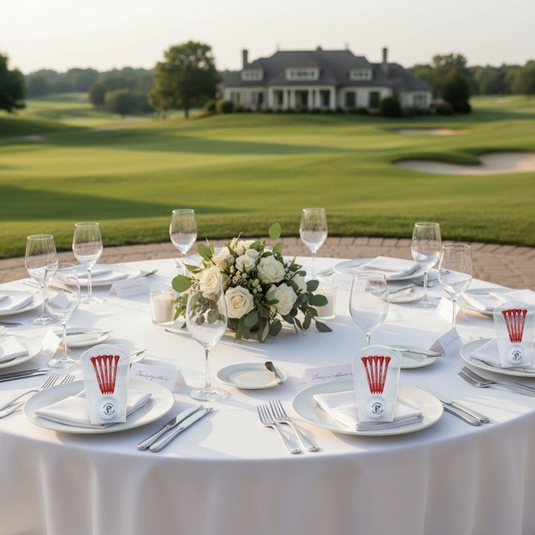 Golf ball and tee pack wedding favors on a reception table