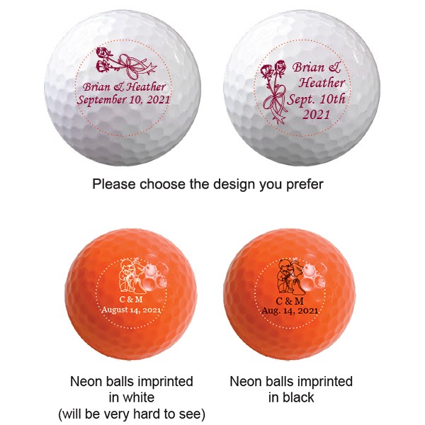 Personalized wedding golf ball designs in white and neon orange