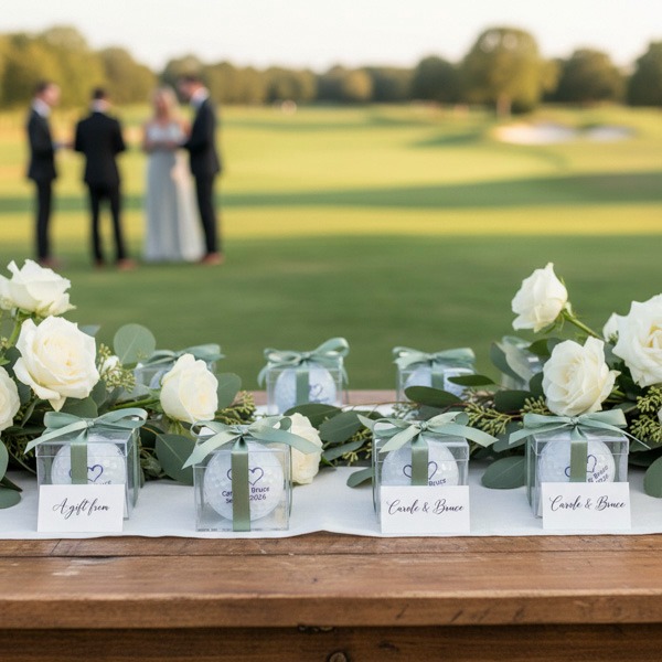 Logo golf balls in clear gift boxes displayed as wedding favors