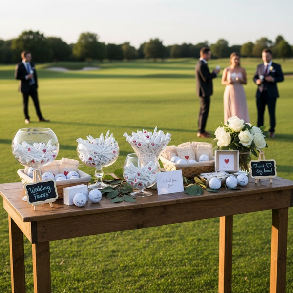 Wedding favor table with custom golf balls on a golf course