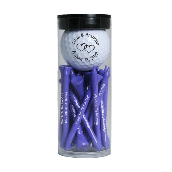 Clear tube with a personalized golf ball and purple golf tees