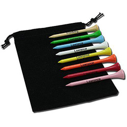 Black bag with different custom golf tees in tan, green, blue, white, yellow, orange, red, and pink